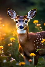 Deer in summer clearing with golden dusk light, AI generated