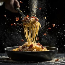 Airborne spaghetti with scattering bacon bits and cheese over a pan in a dark kitchen, AI generated