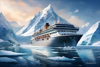 Painting of cruise ship slicing through icy waters glaciers snow capped mountain, AI generated