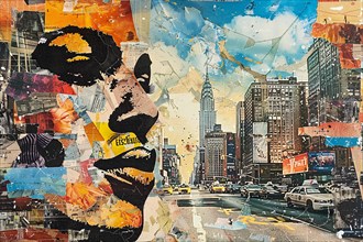 Dynamic abstract collage of urban life with a figure and colorful skyscrapers in mixed media,