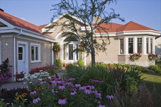Tan brick with white trim home and landscaped front yard with raised border with red Pelargonium,