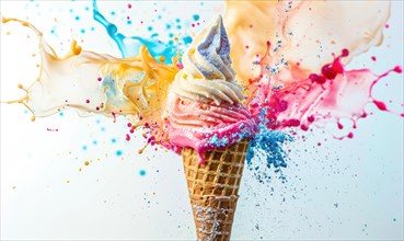 Ice cream cone explosion on white background AI generated