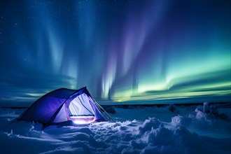 Frost encrusted tent nestled in a pristine snowscape warm glow emanating from within in an aurora