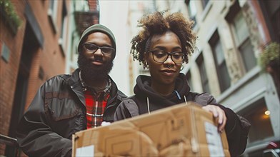 Happy African american couple standing on a city street holding a shipped package, appearing