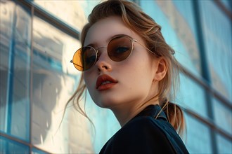 Stylish woman in sunglasses with urban setting in background, AI generated