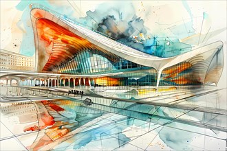 Watercolor of a futuristic railway station with modern design, warm colors, and curved lines, AI