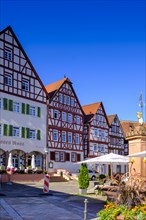 Half-timbered houses on the market square, Bad Orb, Hesse, Germany, Europe