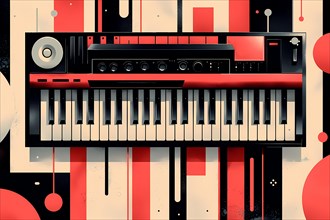 Graphic design of a red synthesizer keyboard, showcasing modern electronic music production,