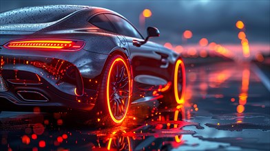 Sports car on a wet road with neon underglow reflecting on the surface during nighttime with rain