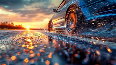 Low angle view of a car at sunset with water splashes and dynamic movement in rich orange tones,