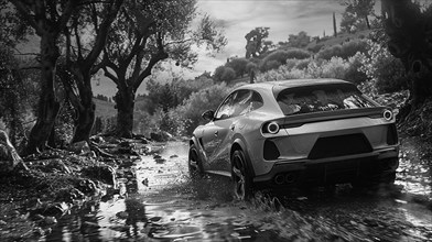 Monochromatic shot of an all-terrain vehicle crossing a river surrounded by trees, AI generated