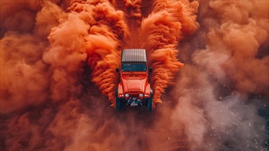 Aerial shot of a red jeep 4x4 vehicle creating a massive dust cloud in a desert, ai generated, AI