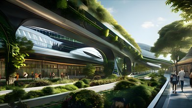 Conceptual digital rendering featuring a seamless transportation hub convergence of autonomous