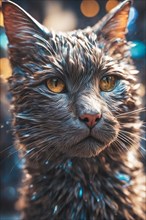 Yellow-eyed cat with shiny texture against an out-of-focus background, ray tracing 3d sculpture, AI