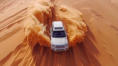 An SUV kicks up a large orange sand cloud while driving over desert dunes, action sports