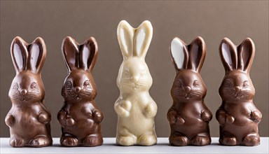 Different coloured chocolate bunnies lined up in a row, Easter symbol, AI generated, AI generated