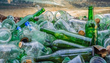 Used glass in a pile, only empty bottles, AI generated, AI generated