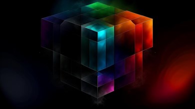 A translucent 3D cube with colorful reflections creating an abstract and mysterious feel, AI