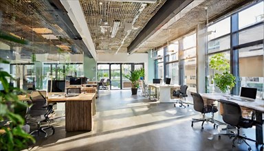 Stylish open-plan office with plenty of natural light and modern workstations, Symbol office, AI