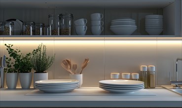 Modern kitchen shelf with neatly arranged dishes and plants under warm lighting AI generated
