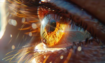 Macro close-up of an eye reflecting sunlight on a golden iris AI generated