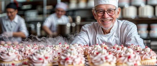 Happy older chef in a white uniform presenting a collection of freshly made cupcakes in a bakery,