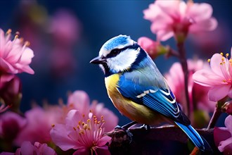 Blue tit sitting in a blooming garden expressing summer wildlife, AI generated