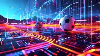Abstract digital landscape football analytics inspired by geometric patterns interweaving neon