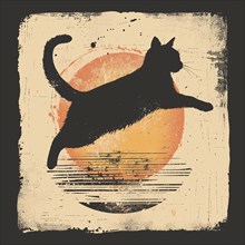 Retro styled image of a cat silhouette with a vintage paper texture and an abstract orange sun, AI