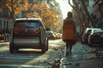 A person walks towards an electric car on a city street lined with autumn leaves, AI generated