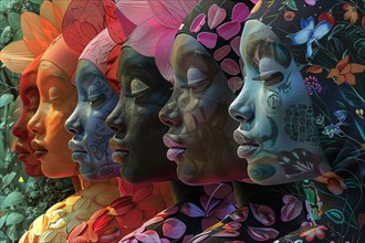 Artistic representation of women with gradient colored faces and floral patterns, illustration, AI