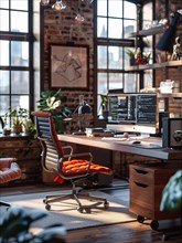 A stylish and sunlit home office setup with a comfortable chair and rustic brick walls, AI