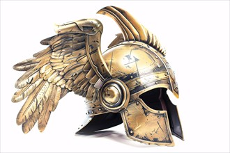 Golden Norse mythology Valkyrie helmet on white bakcground. KI generiert, generiert, AI generated
