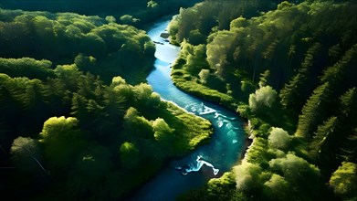 Aerial photo of a winding river meandering through dense forest with gree spring colors, AI