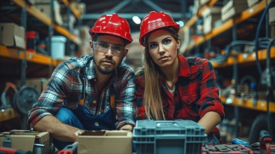 Two serious warehouse workers in safety helmets engaged in discussion, AI generated