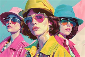 Three fashionable women in colorful attire posing with sunglasses, illustration, AI generated