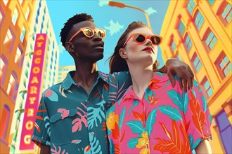 Stylish couple in a brightly colored urban setting, radiating pop culture vibes, illustration, AI