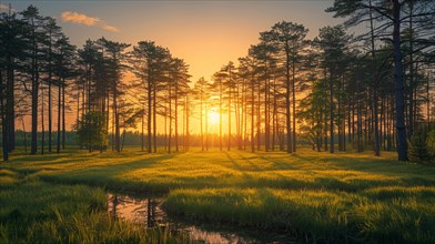 Golden sunset light casting through a serene forest, relaxation, recreation, serenity, naturalness,