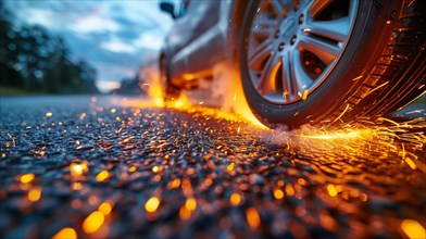 Close-up of a car wheel on the road at night creating a trail of sparks, AI generated
