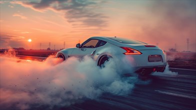 A white sporty japanese coupe drifts creating clouds of smoke from burning wheels at sunset, AI