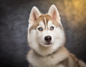 Dog, husky, portrait, head only, puppies, dark background, AI generated, AI generated