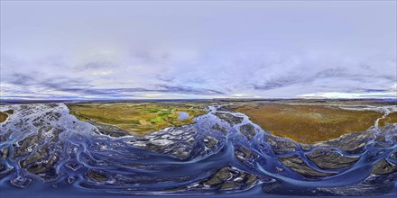 Overgrown river landscape, drone shot, panorama shot, Sudurland, Iceland, Europe