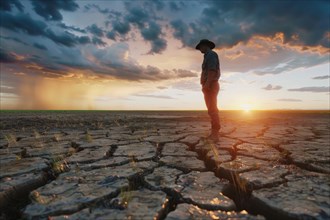 A farmer stands on a parched, cracked earth surface on the horizon a storm with heavy rain is