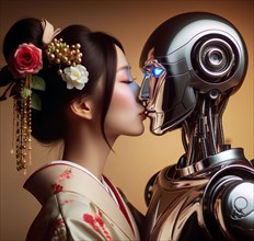 A humanoid robot and a human woman kissing, symbolic image cybernetics, science fiction,