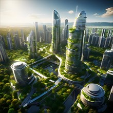 Conceptual futuristic sustainable city replete with green rooftops and integrated solar panels, AI