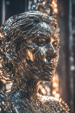 Artistic side profile of a female resembling a metallic sculpture with a textured effect and golden