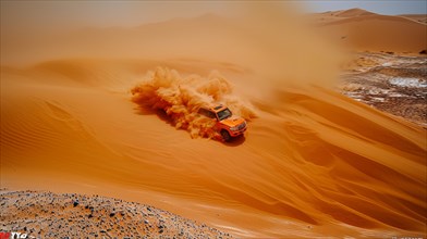A car kicking up a large cloud of sand while driving through the desert, action sports photography,