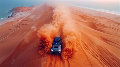 An SUV surging through a sea coastal desert, engulfed in a massive sand and dust cloud, action