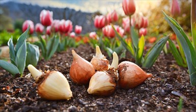Tulip bulbs on the garden floor, AI generated, AI generated