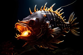 Anglerfish glowing luminescent in the deep dark ocean poised prey hunting, AI generated